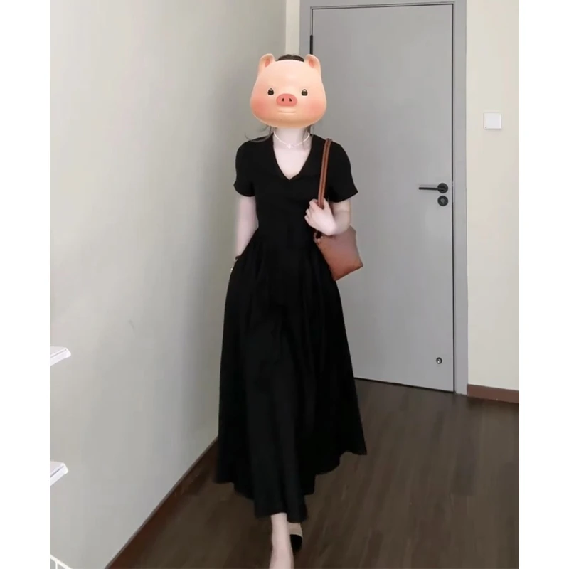 法式复古短袖气质连衣裙女2025夏季新款小众优雅收腰显瘦a字长裙