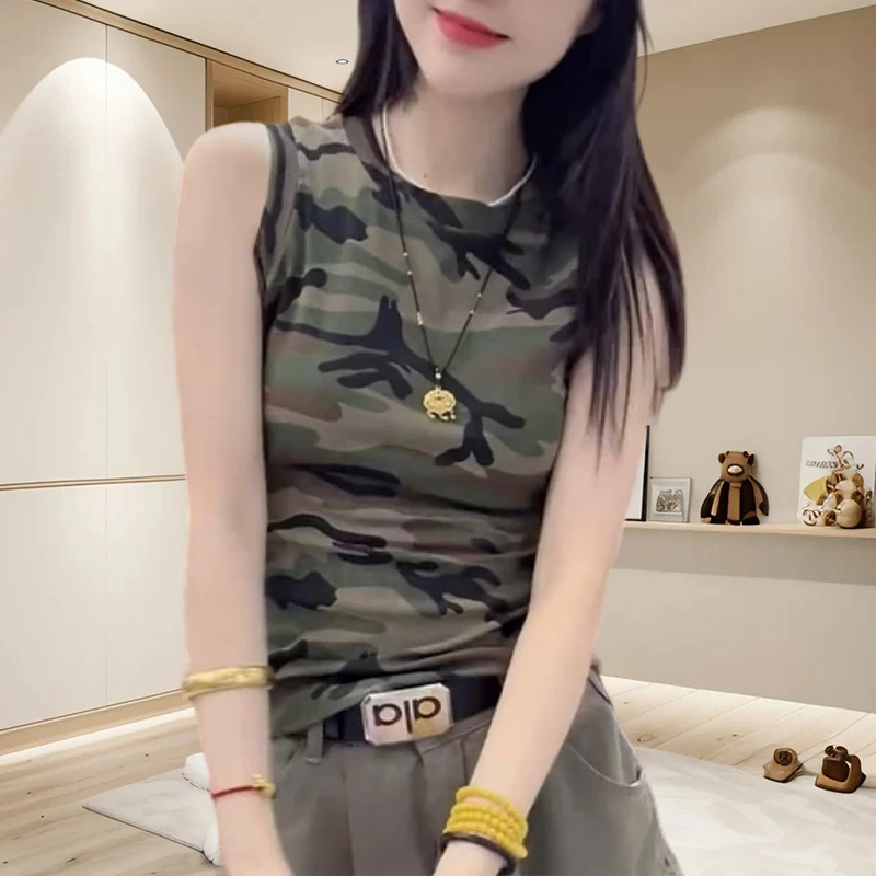 高级感显瘦迷彩无袖背心女夏季新款美式休闲百搭修身上衣小众女装
