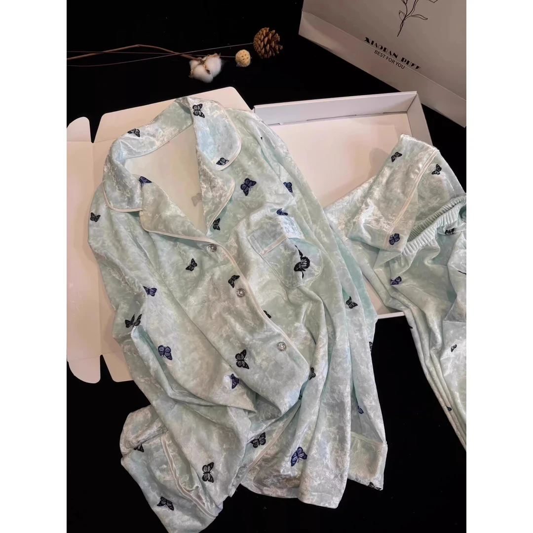 法式轻奢绒蝴蝶印花金丝绒睡衣女秋冬新款长袖长裤加绒家居服套装