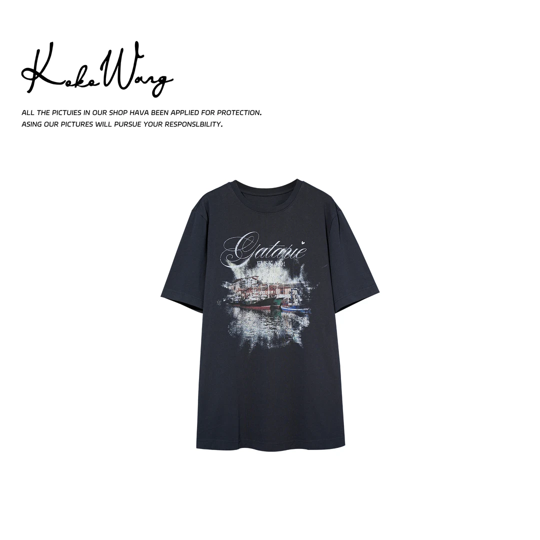 KOKO WANG夏季时尚气质美式复古印花重磅圆领短袖T恤525705C26T41