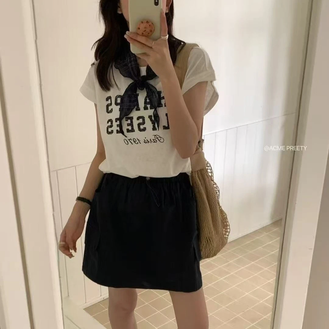 ACMEPRETTY韩系设计感休闲字母印花短袖T恤+半裙+丝巾三件套