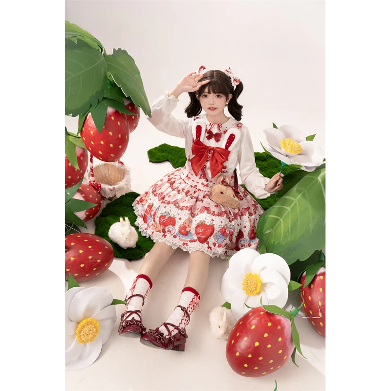 【Dear dolls】熊之原创Lolita春日草莓兔可爱立体兔耳低腰背带裙