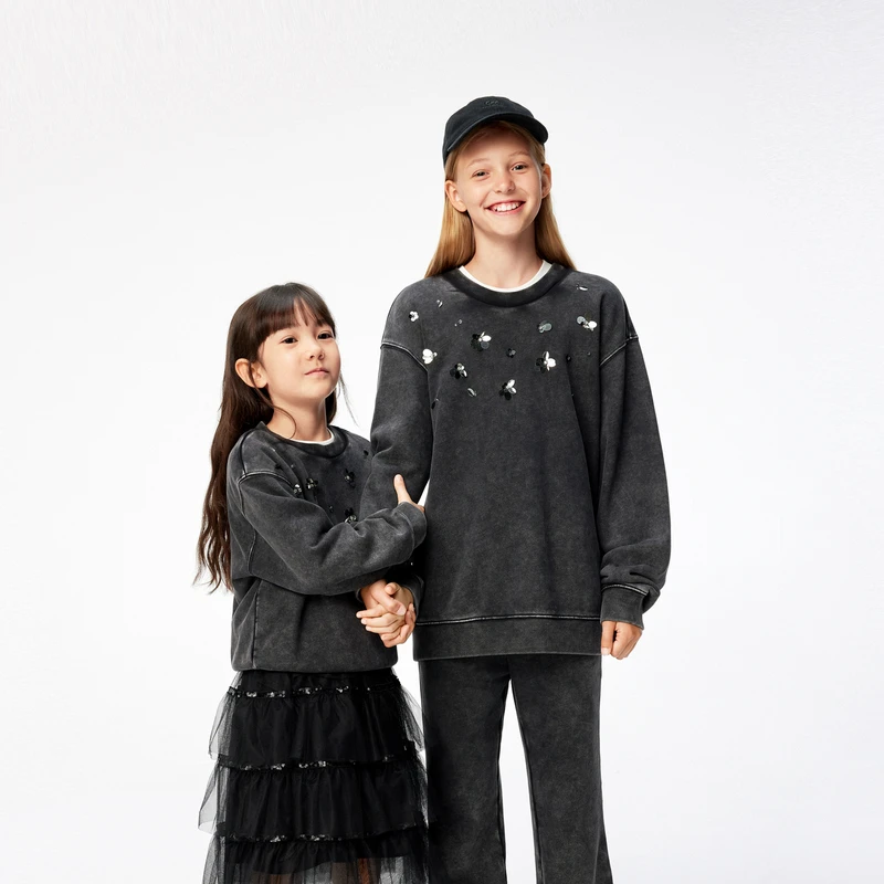 littlemoco童装25春装新款女童圆领做旧长袖卫衣#KBE1SWS008