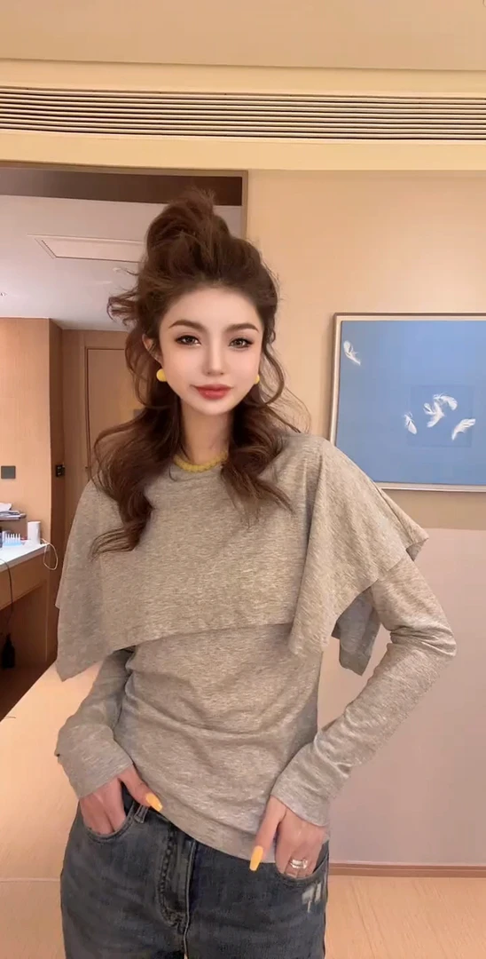 长袖T恤女2025春季新款纯色拼接假两件披肩修身打底衫圆领上衣