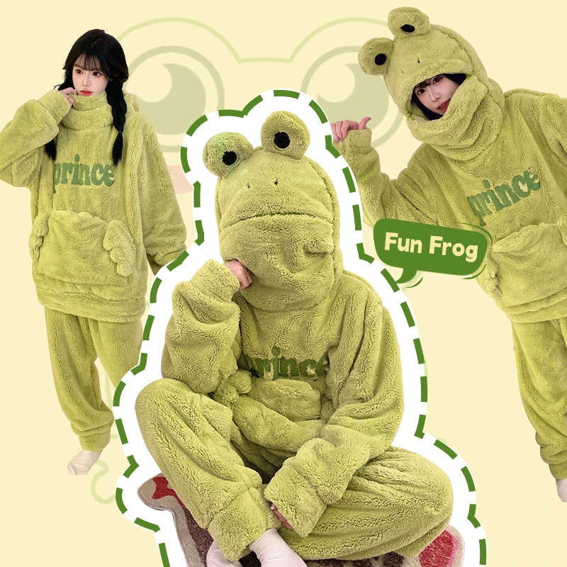 睡衣女款冬季珊瑚绒加厚加绒女士加大码卡通连帽法兰绒家居服套装