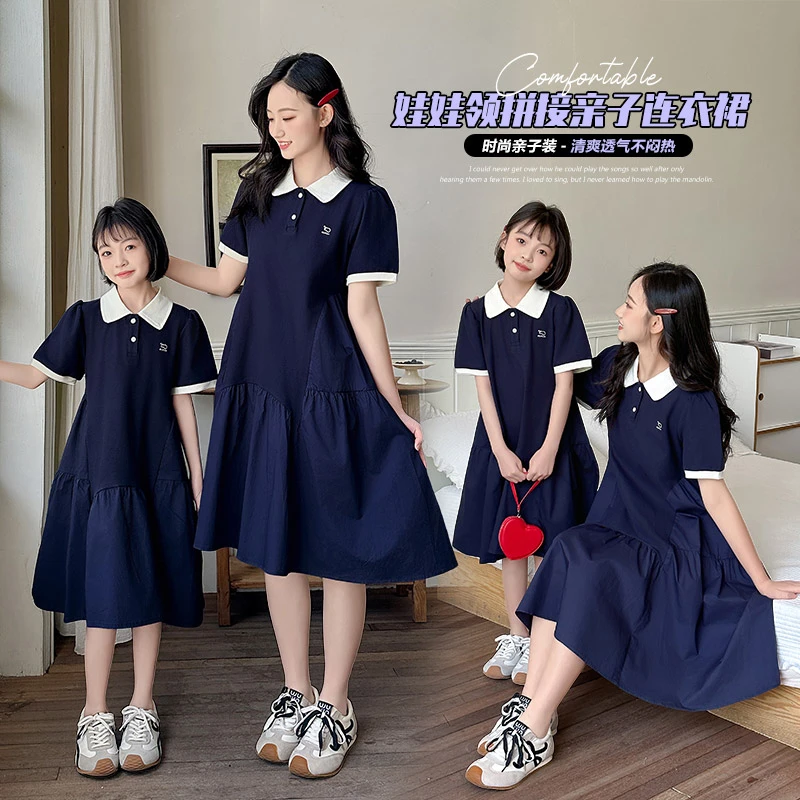 母女亲子装2025夏装新款高中生高端亲子polo衫短袖收腰显瘦连衣裙