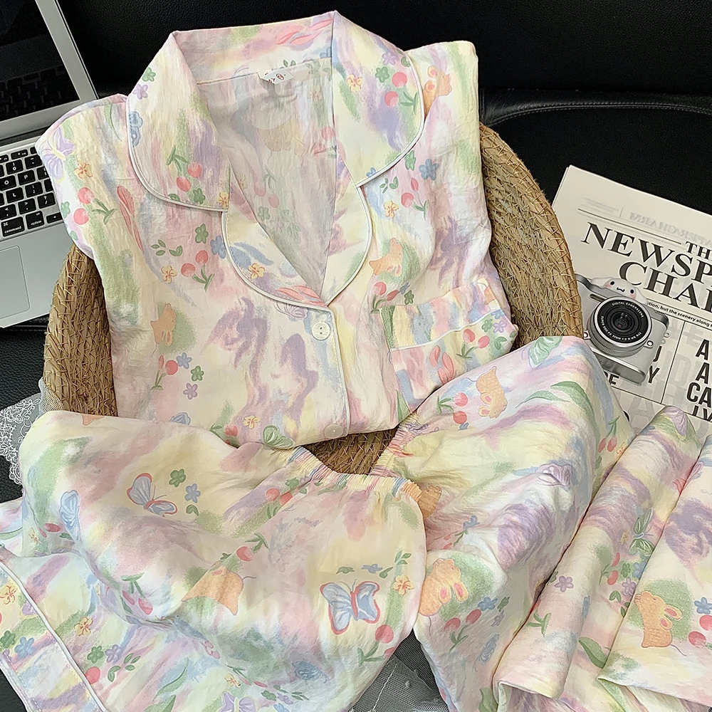 【三件套国色天香】云朵绵夏季短袖可爱卡通少女家居服套装睡衣0688