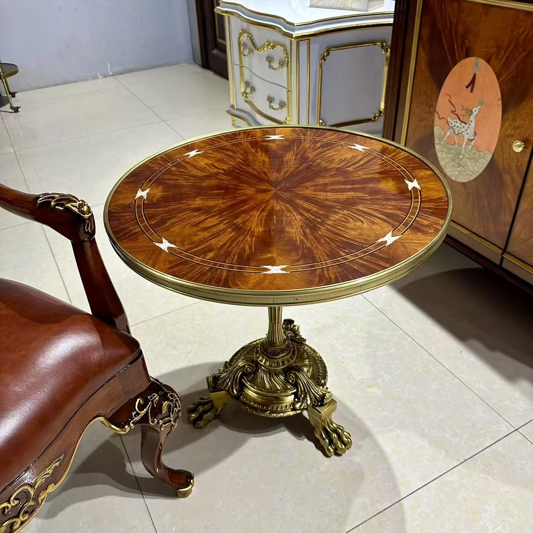 亚历山大铜件边几圆边几木皮拼花贝壳镶嵌虎爪铜角几