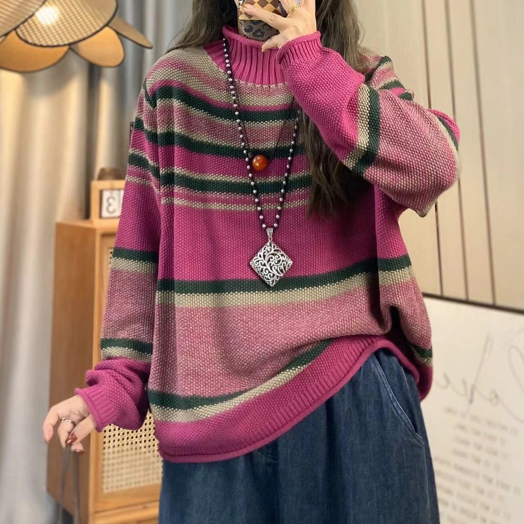 秋季高领长袖条纹拼色针织衫女休闲宽松毛衣慵懒风套头上衣打底