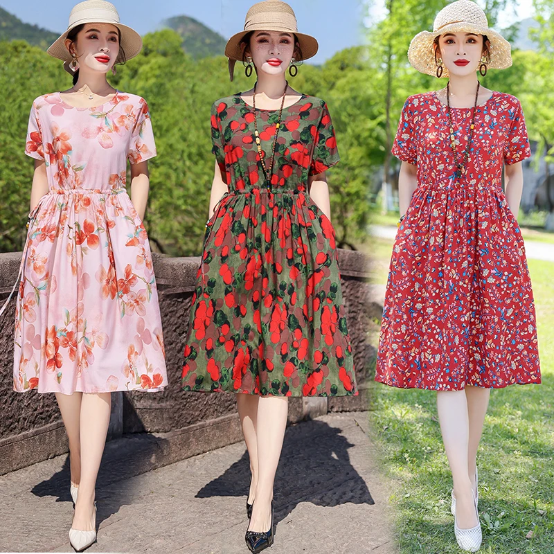 外贸时髦碎花棉绸连衣裙女夏季新款韩版时尚收腰洋气妈妈气质裙子