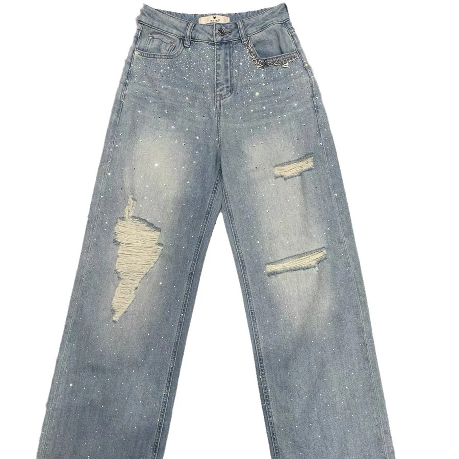 okkdey阔腿裤直筒破洞痞帅男士高级感烫钻牛仔裤美式长裤潮牌休闲