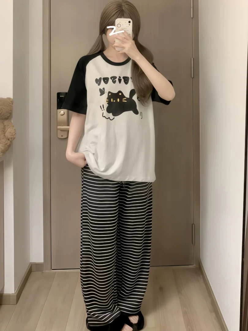 黑条情侣款直筒裤#-1