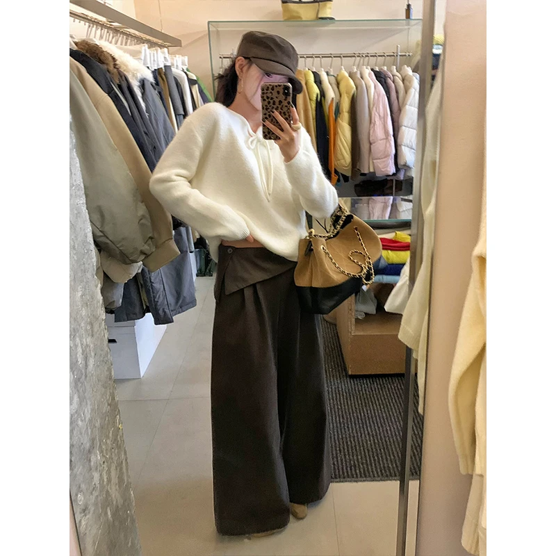 温柔软糯白色长袖毛针织衫女冬季新款高腰垂感休闲长裤套装26461