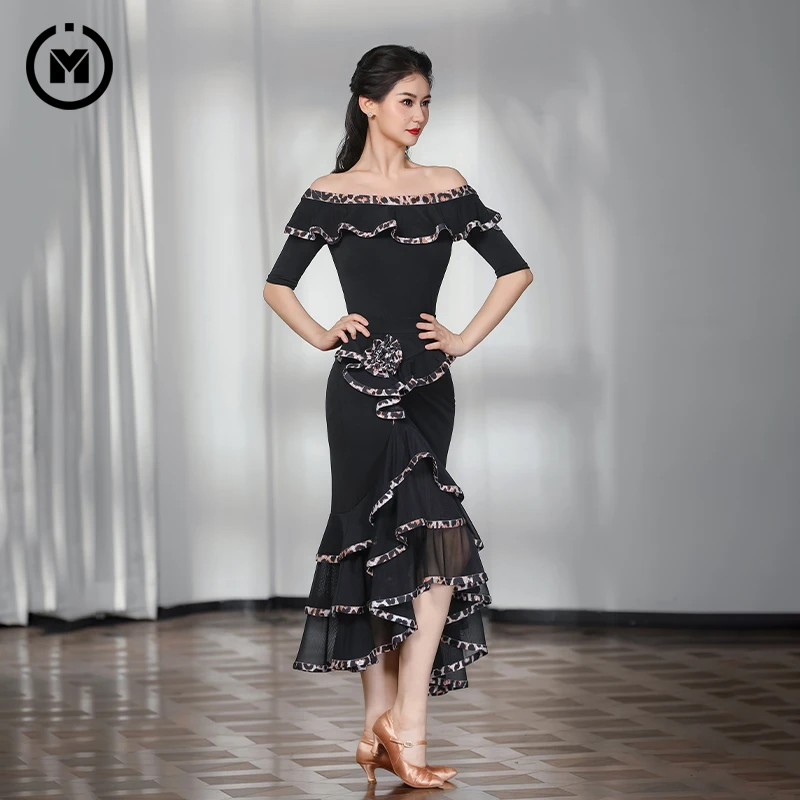 IAMYC&HCdance摩登表演舞练习服一字领豹纹花边套装B10135+B20096