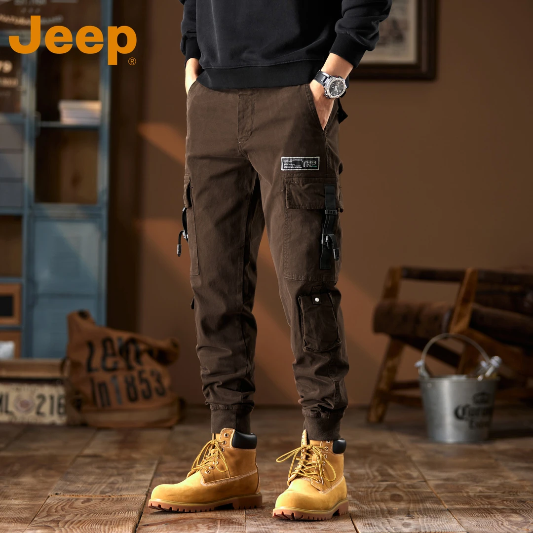 JEEP吉普咖啡色工装裤男潮牌修身多口袋小脚机能硬汉伞兵休闲裤男