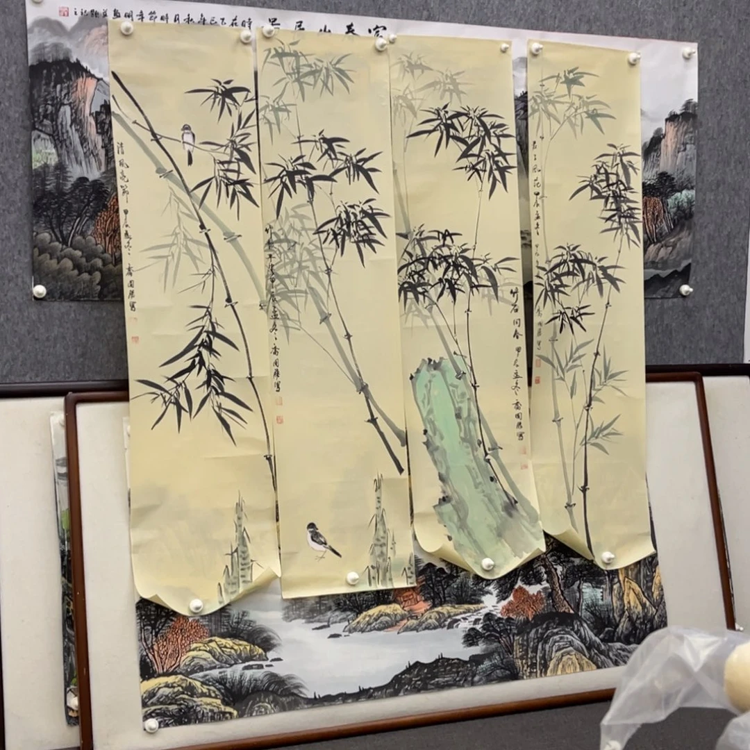 国画四条屏竹子画芯一套