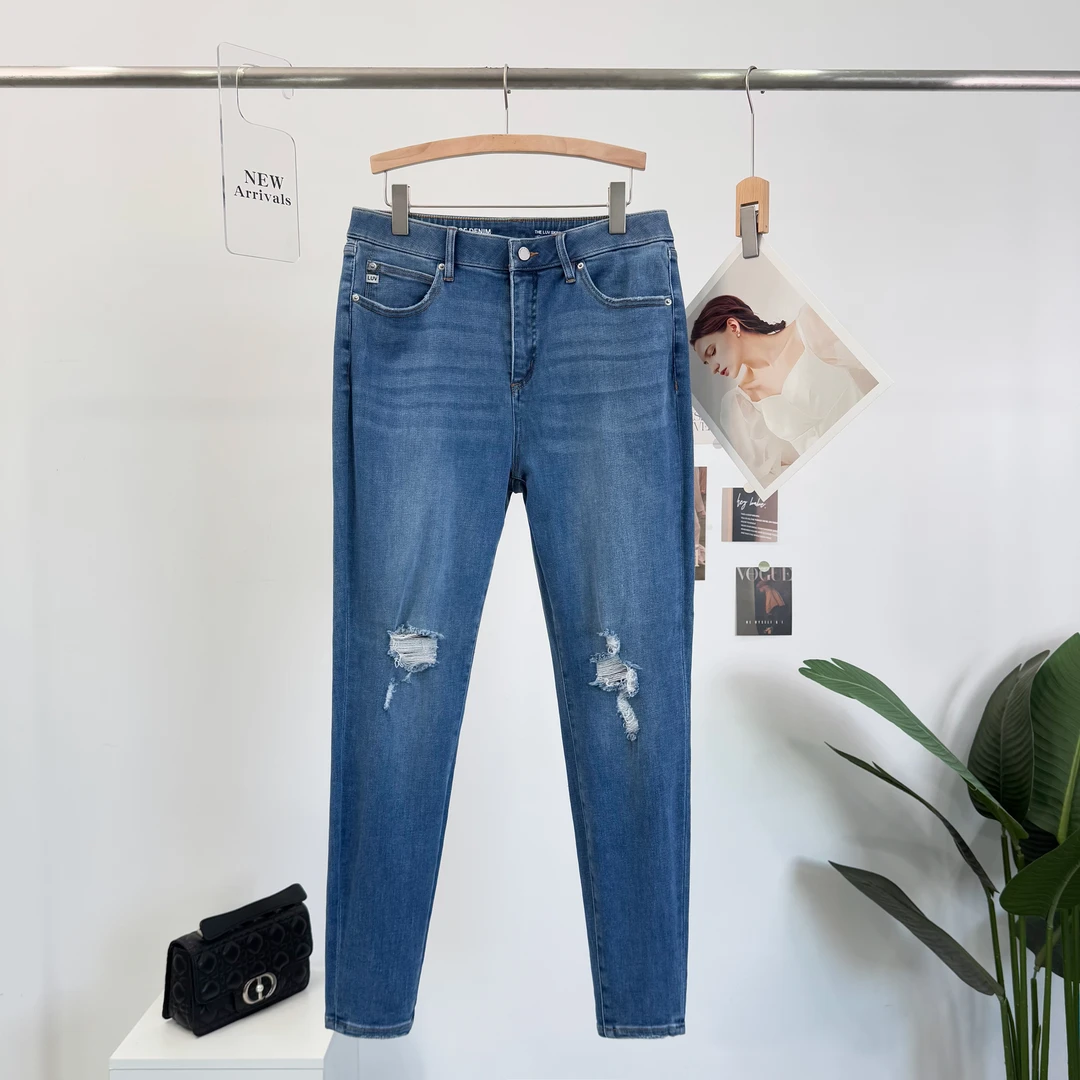 B698新款时尚日常无弹长裤中腰夏季口袋牛仔裤蓝色直筒小脚裤弹力