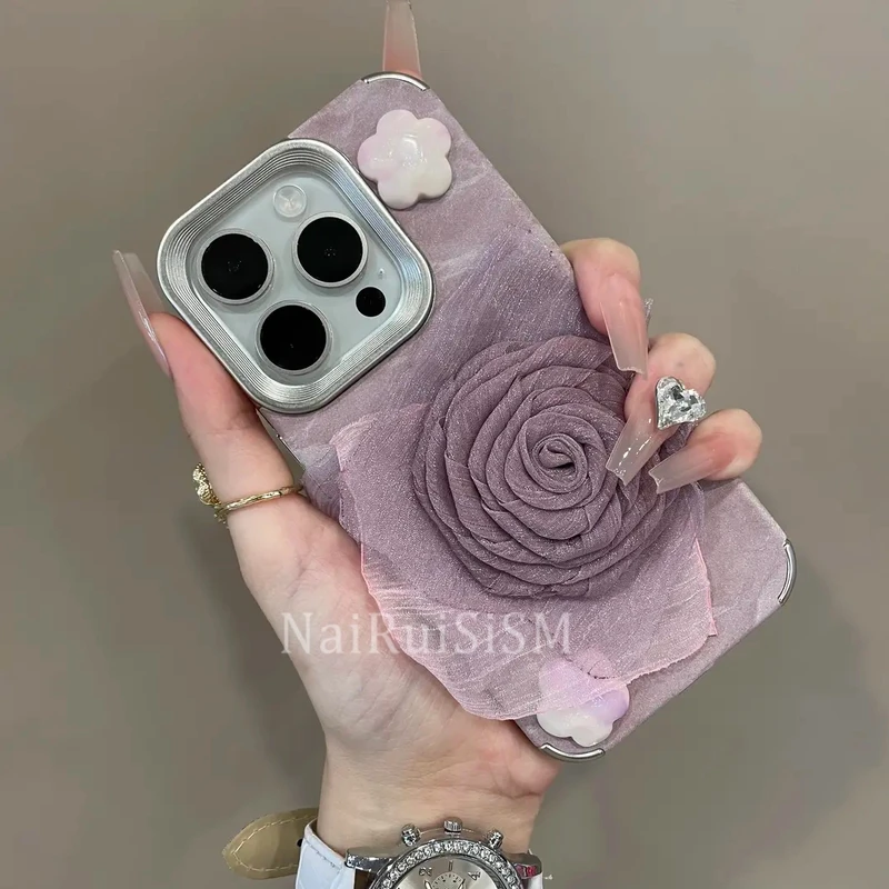 电镀雪山纹羽纱玫瑰适用iPhone16promax手机壳唯美防摔小众15/14