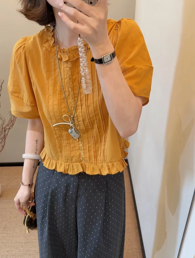 老赵服饰 文艺风甜美重工拼接木耳边短袖衬衫上衣21AU3745