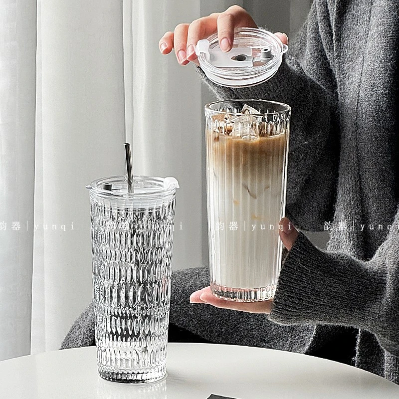 大圣ins果汁杯大容量牛奶饮料咖啡杯玻璃吸管杯带盖家用冷饮水杯