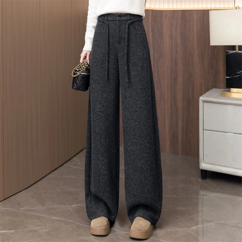 拉夏贝尔高腰羊毛呢阔腿裤女宽松秋冬新款加厚保暖垂感休闲直筒裤