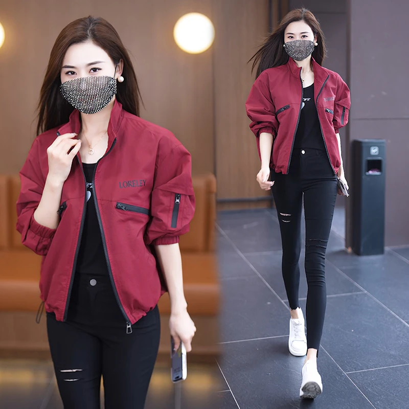 红色短款夹克外套女春秋2025新款上衣秋款小个子宽松显瘦休闲外衣