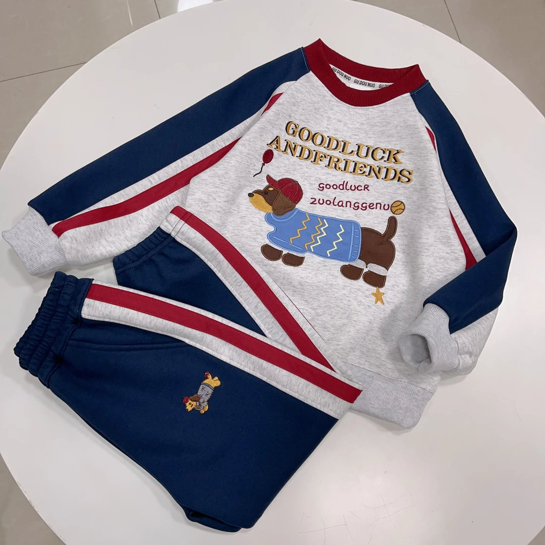 2025年春新款亲子套装腊肠狗刺绣圆领男童女童 撞色韩版 小中大童