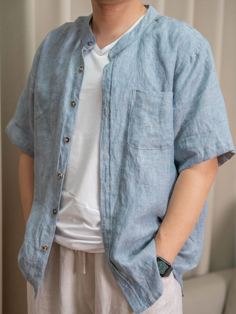 纯亚麻色织男士五分袖T恤休闲时尚薄款文艺中国风