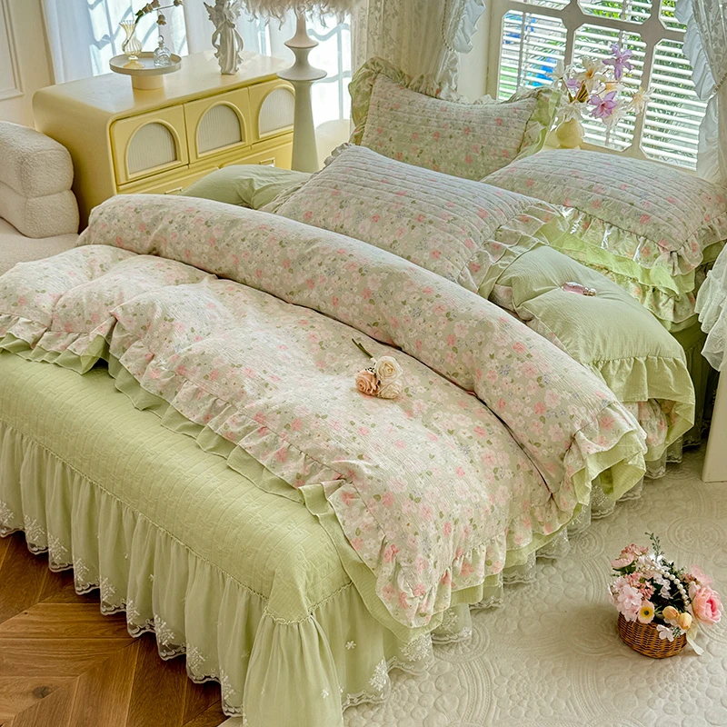 2025新款印花小碎花全棉纯棉软糯夹棉床裙款床盖四件套纯棉小碎花