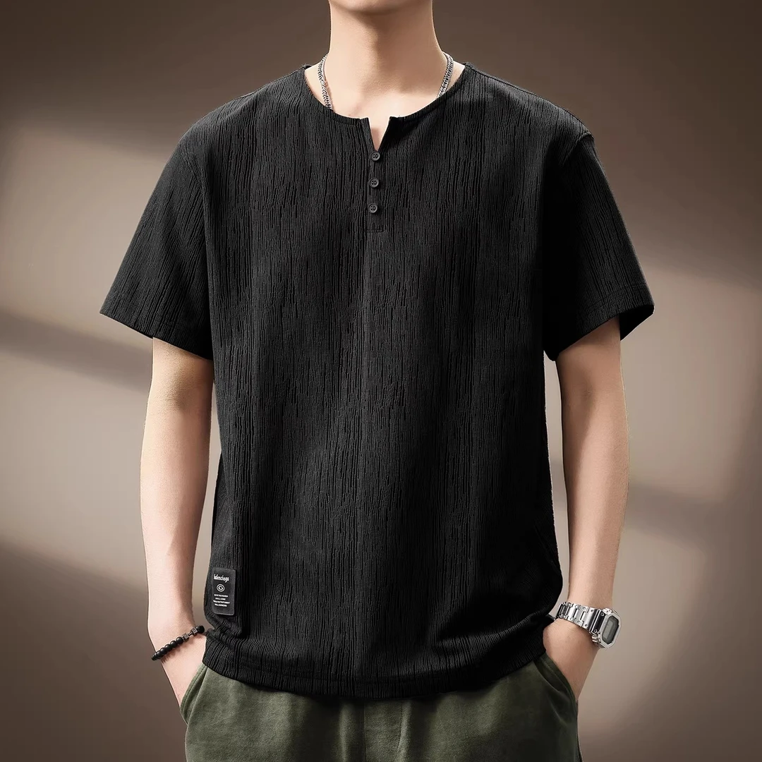 MR.MUDI/穆迪先生美式高端纹理感亨利领短袖T恤男夏新款简约体恤