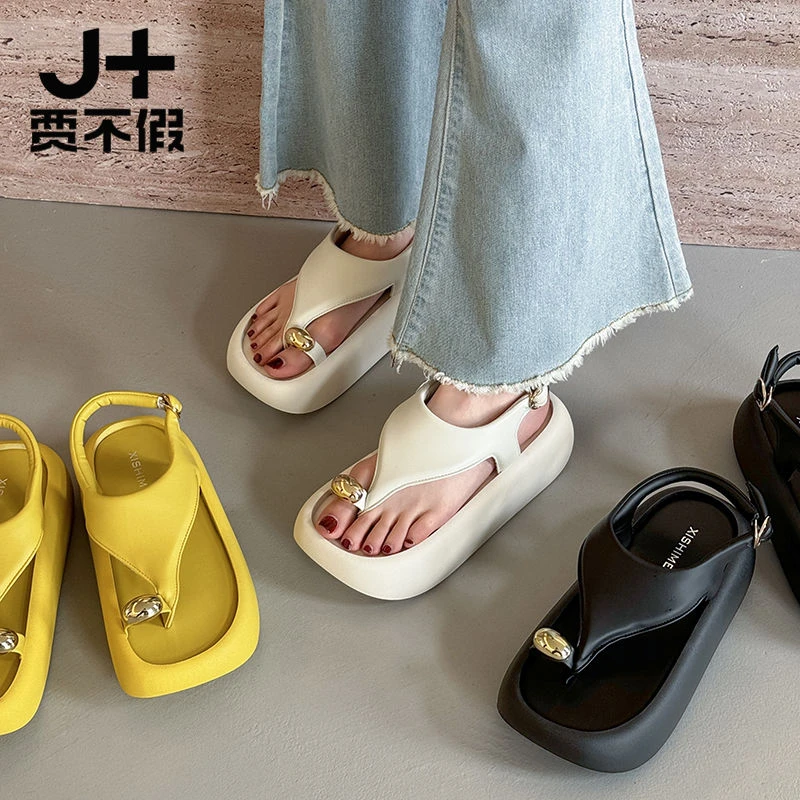 贾不假凉鞋女款2025夏季新款外穿厚底防滑百搭配裙子套趾沙滩凉鞋