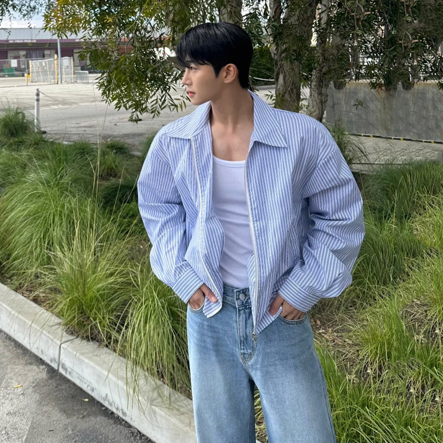 MRCYC设计感条纹短款夹克男士春季宽松翻领外套韩版潮流休闲上衣