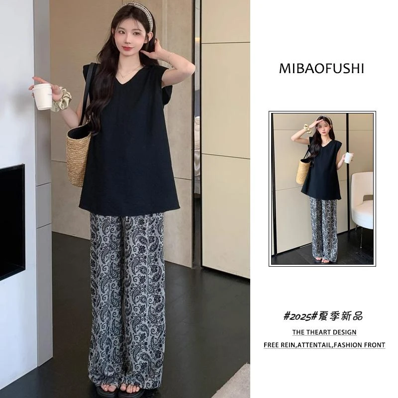 夏季穿搭一整套女装2025新款韩系慵懒风无袖上衣碎花阔腿裤两件套