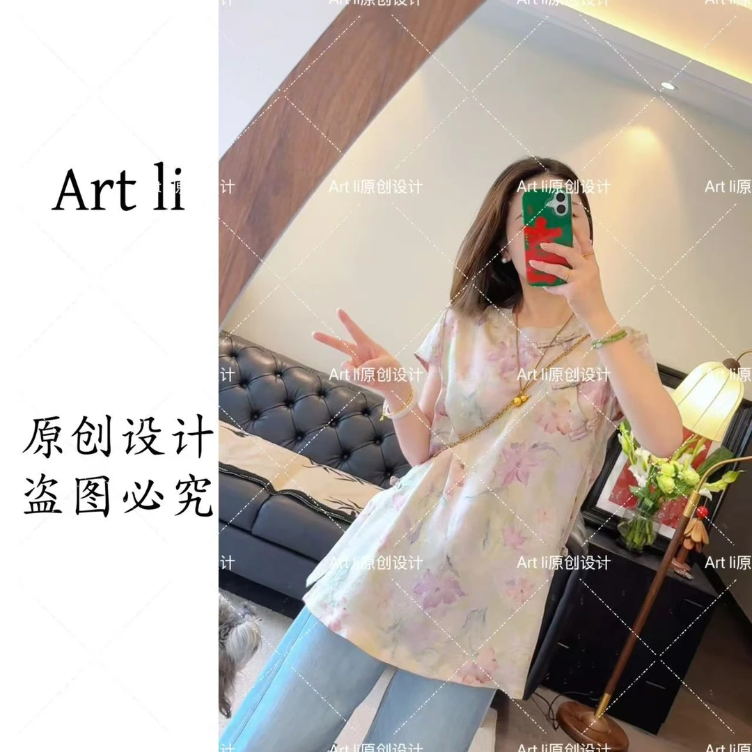 Art li新中式复古国风粉色人丝香云纱上衣古典亭台楼阁印花2573-1