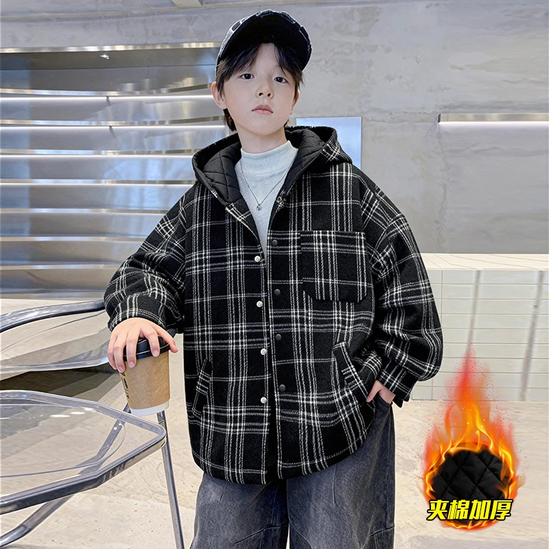 男童秋冬款外套夹棉加厚2025新款大童冬装儿童连帽冬季韩版衬衫潮