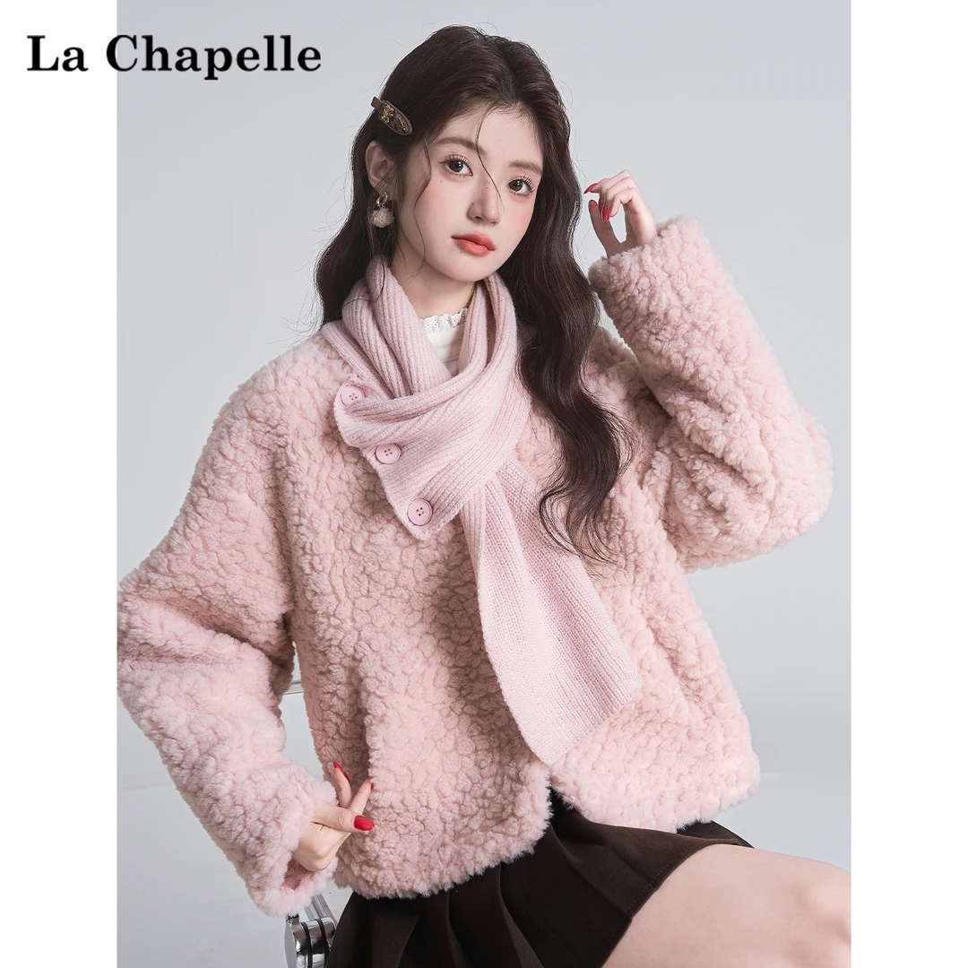 拉夏贝尔围巾披肩羊羔毛短外套女冬季加厚保暖宽松毛毛开衫上衣