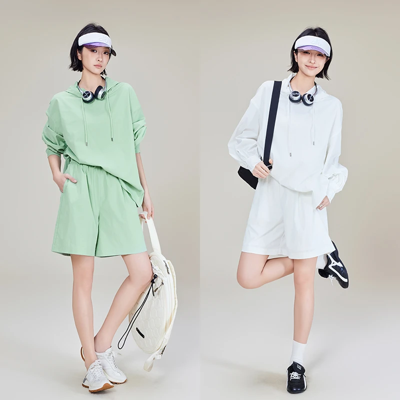 美洋MEIYANG【欧若风】 私服防晒套装 UPF50+连帽卫衣短裤显瘦白色