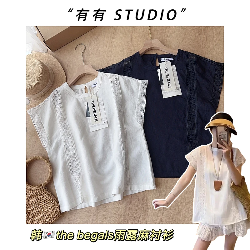 「镂空花边雨露麻衬衫」韩版！镂空花边拼接女士短袖衬衫
