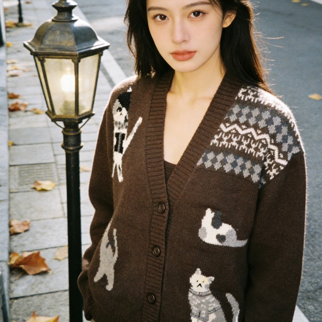 美拉德猫咪提花V领软糯针织开衫女秋冬宽松显瘦毛衣外套6943