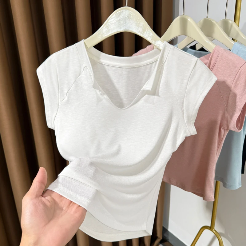 短袖V领极简风吸汗超糯显瘦百搭女薄T恤翻领设计感纯色修身打底衫