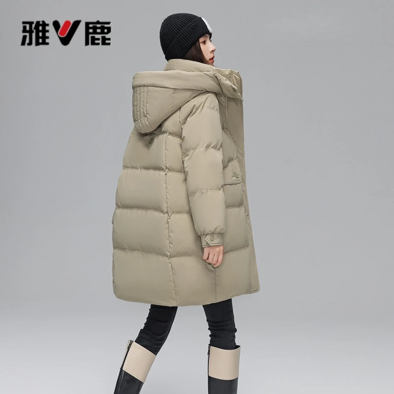 V/雅鹿中长款羽绒服女时尚宽松冬季过冬外套女士大码白鸭绒秋冬
