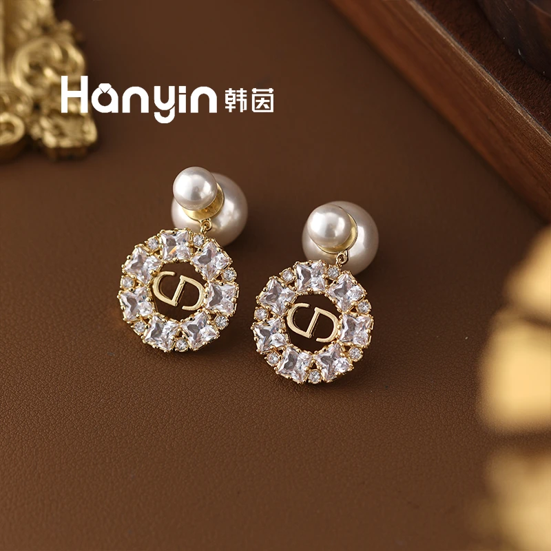 铜合金仿珍珠耳饰 925银针大颗粒微镶方形圆牌CD大小圆珠耳钉AAA