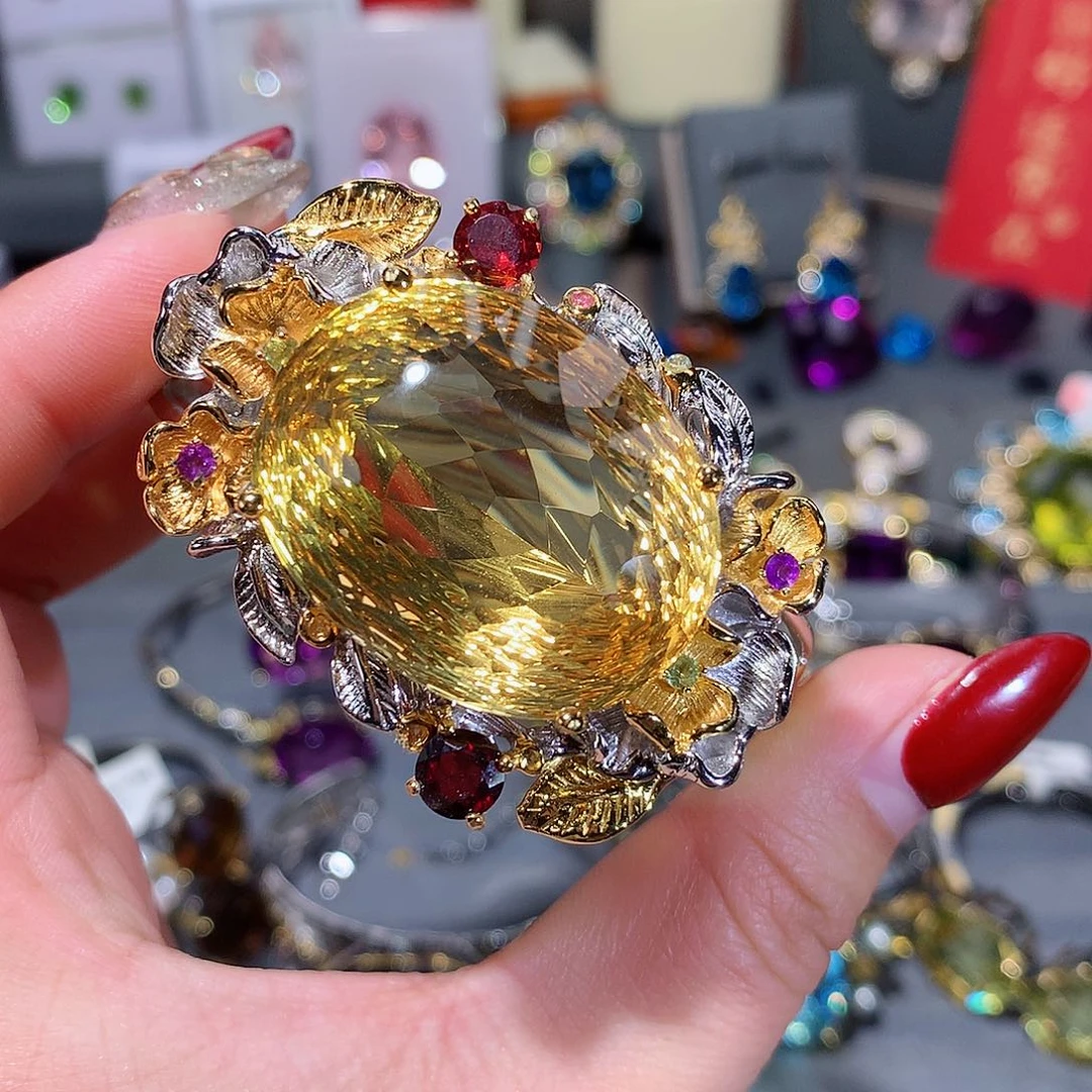 黄晶手镯银S925镶嵌金****园手镯