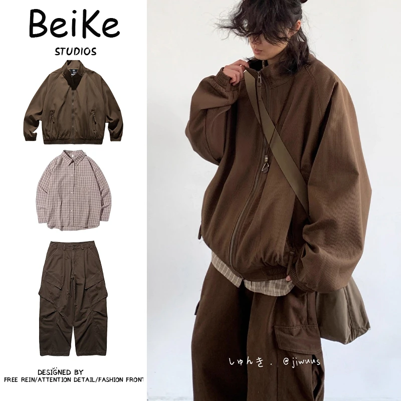 三件装/秋季中性美拉德复古日系立领夹克男女生拉链百搭工装外套