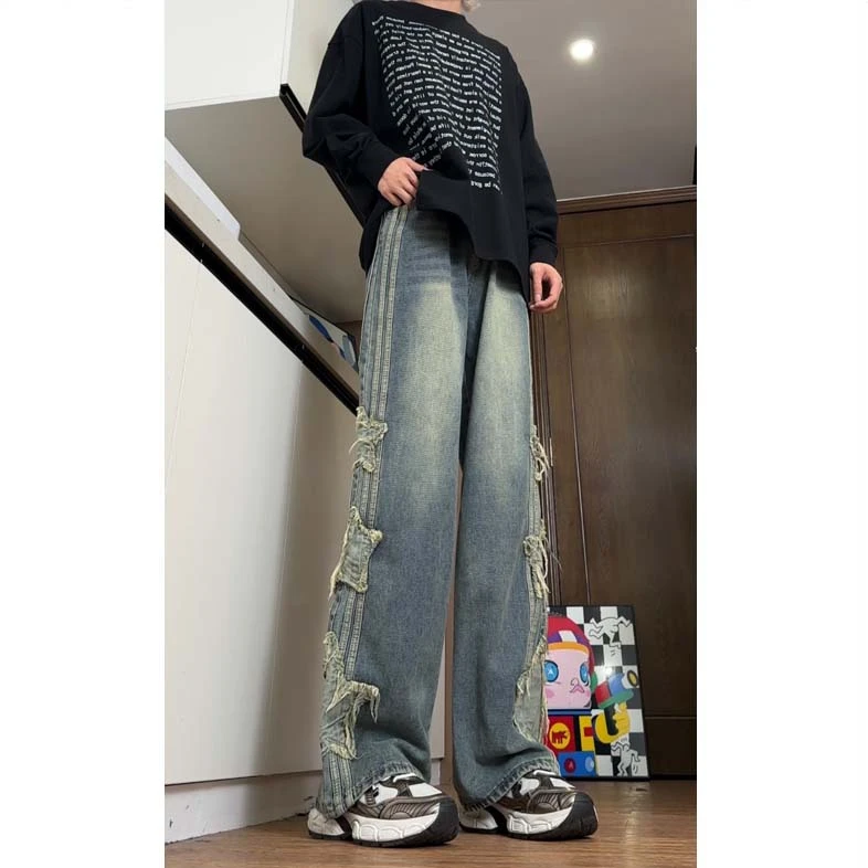 GBD美式复古做旧vintage宽松阔腿牛仔裤男个性小众宽松直筒长裤子