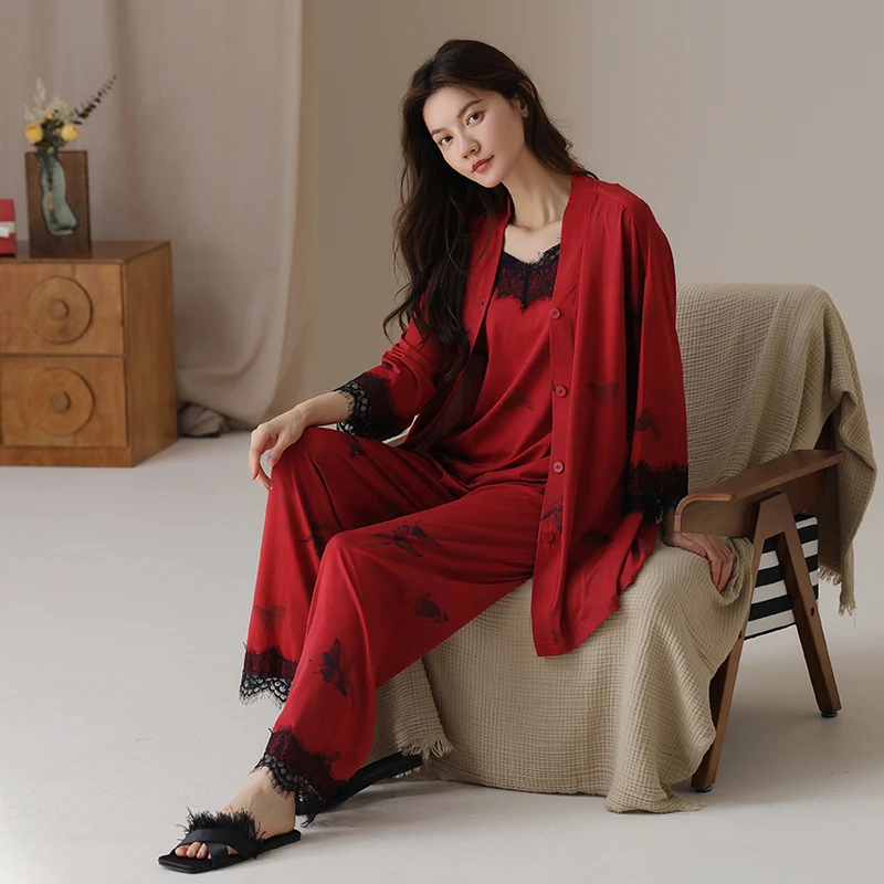 红色本命年睡衣女春秋吊带性感蕾丝三件套长裤新婚结婚家居服套装
