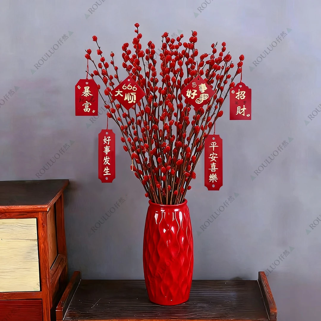 I【20支带瓶】招财银柳真花鲜枝春节年宵花卉水培植物干花红色银柳