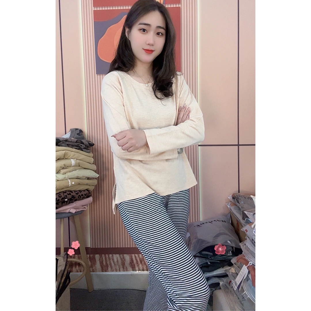 睡衣女冬季新款爆款纯棉长袖时尚长裤休闲家居服套装（杏色条纹裤）