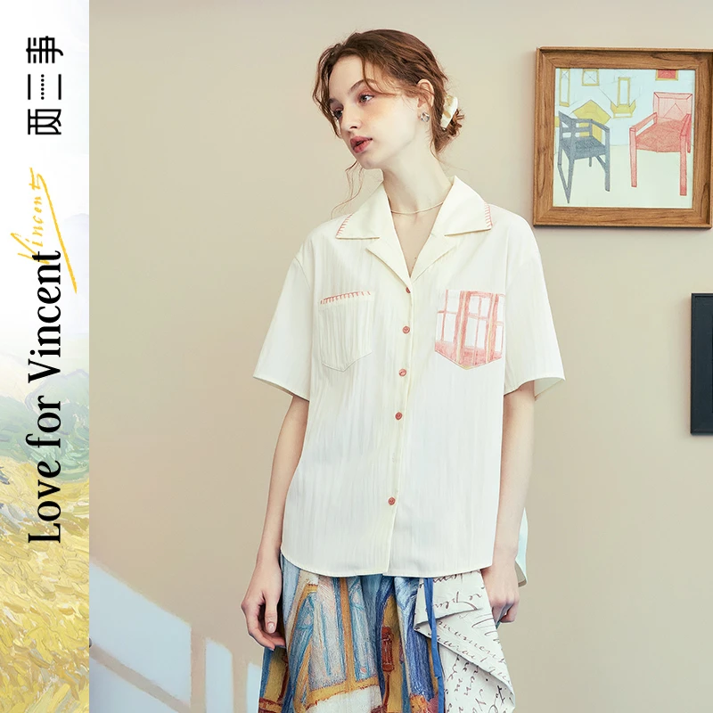 两三事梵高文艺 窗外来物 2025夏季新款复古印花口袋翻领衬衫女