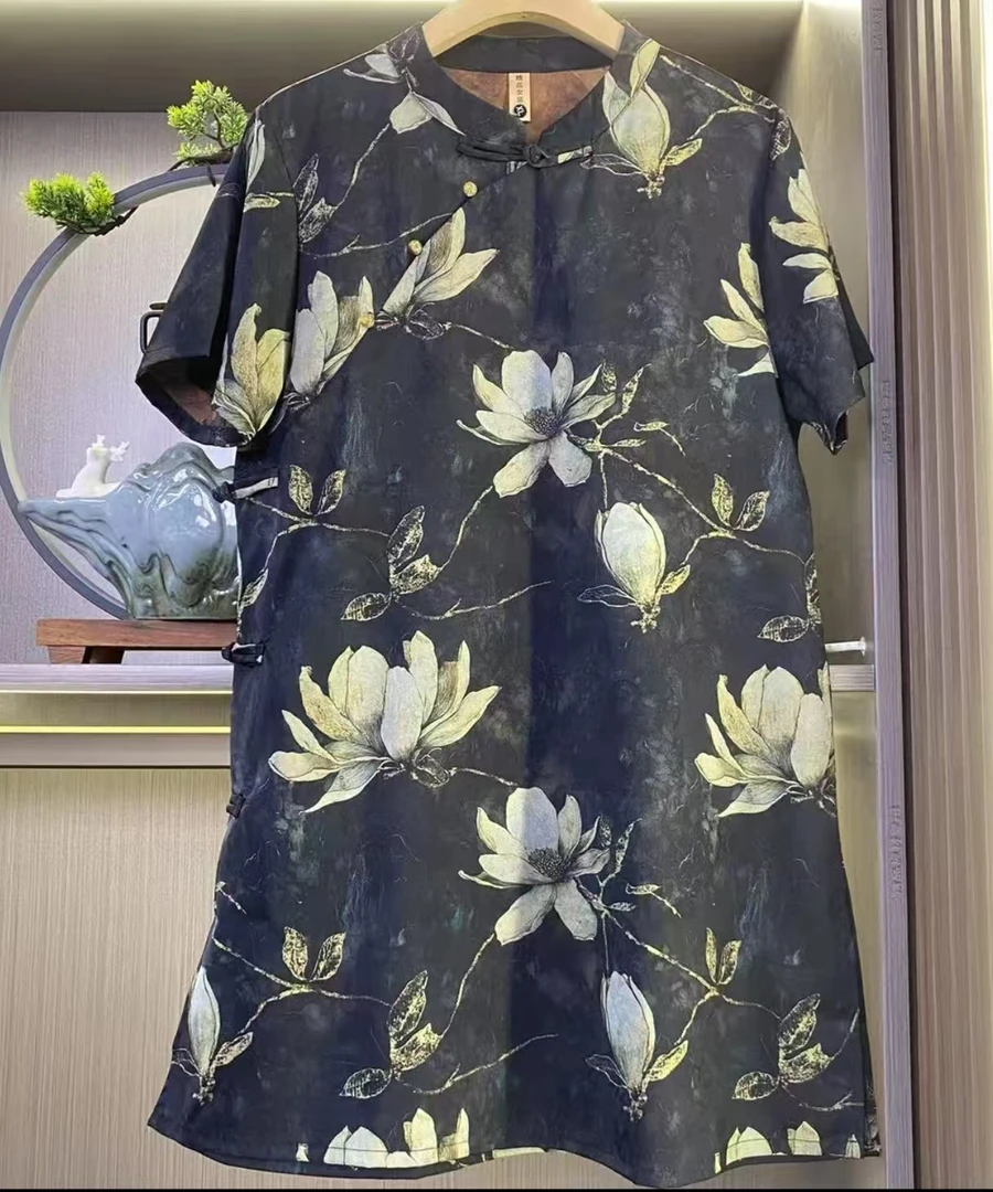 2025新款高端印花修身减龄小飞袖斜领襟上衣小衫15511